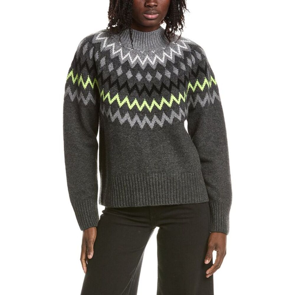 &Isla Womens  Sara Oversized Fairisle Mock Neck 100% Cashmere Sweater, Grey